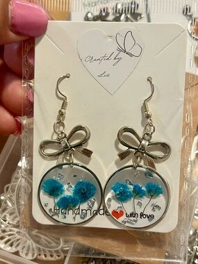 Handmade Blue Flower Resin Bow Drop Earrings